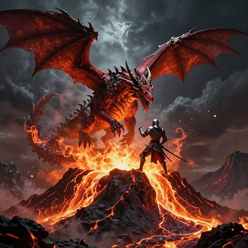 Digital fantasy artwork of a black-armored warrior standing on a fiery volcanic mountain, facing a large, red, winged dragon with glowing eyes. Dark