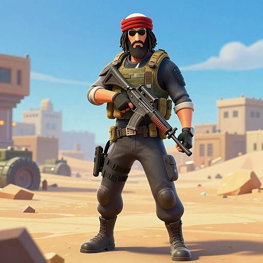 CGI image of a bearded man in a red beanie, sunglasses, tactical vest, black pants, and boots, holding a rifle in a
