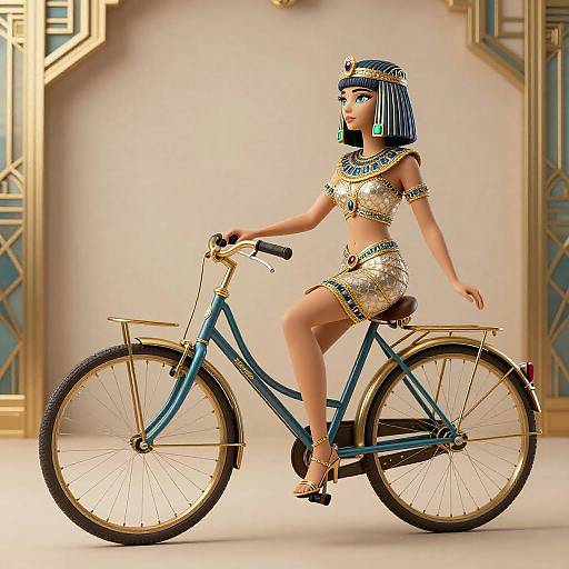 Digital art of an Egyptian-style woman with blue hair, wearing gold and blue jewelry, sitting on a blue bicycle in an ornate, ancient Egyptian-inspired