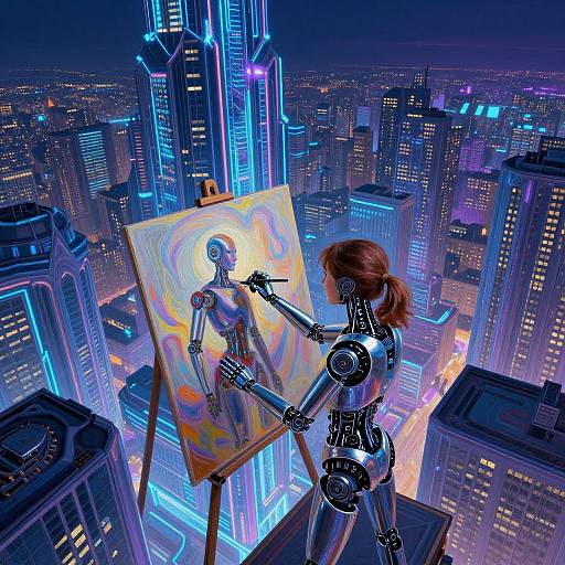 Cyborg artist with red hair paints robotic figure on neon-lit cityscape from high-rise balcony. Vibrant, futuristic painting on easel. Digital