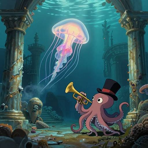 Cartoon octopus in a top hat playing a trumpet underwater, with a glowing jellyfish above, in an ancient, coral-filled, sunlit ruins