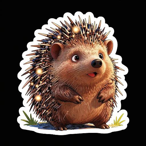 CGI cartoon hedgehog with spiky brown and black quills, large eyes, small paws, and a happy expression, standing on grass against
