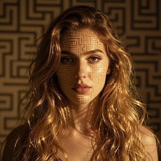 Photograph of a woman with wavy blonde hair, golden-patterned face mask against a dark, intricate geometric background. Warm, dramatic lighting.