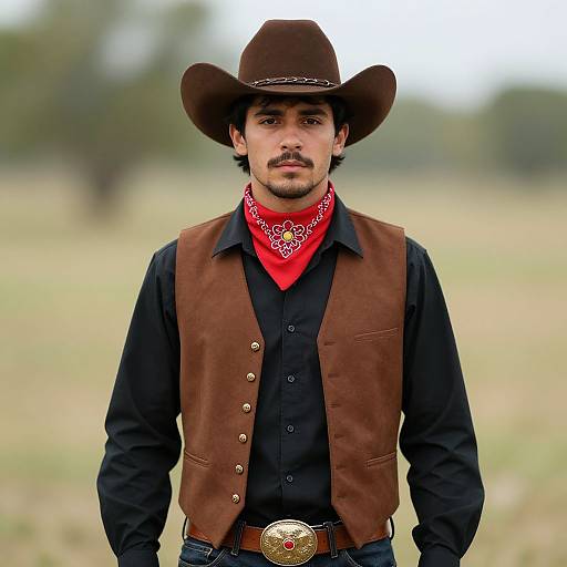 Photograph of a young man with dark hair, mustache, wearing a brown cowboy hat, red bandana, brown vest, black shirt, and