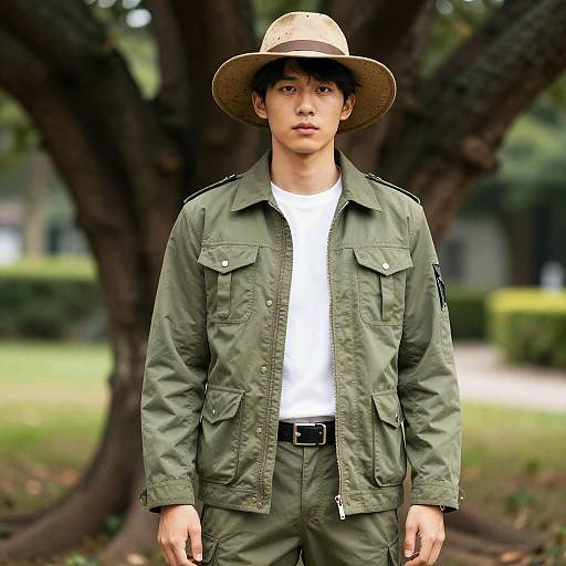 Man in Safari Wear with Hat Standing Outdoors