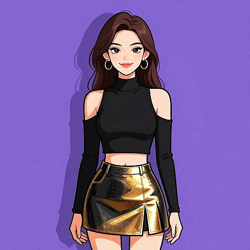 Digital illustration of a young woman with long brown hair, black crop top, and gold mini-skirt, against a solid purple background. She wears hoop