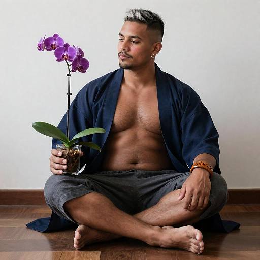 Man holding orchid in kimono robe