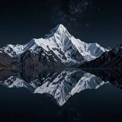 Photograph of a striking, snow-capped mountain peak reflected in a still, dark lake under a star-filled, night sky.