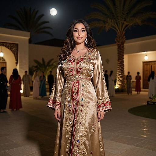 Photograph of a confident South Asian woman with dark hair, wearing an ornate gold silk salwar kameez with red and blue embroidery, standing