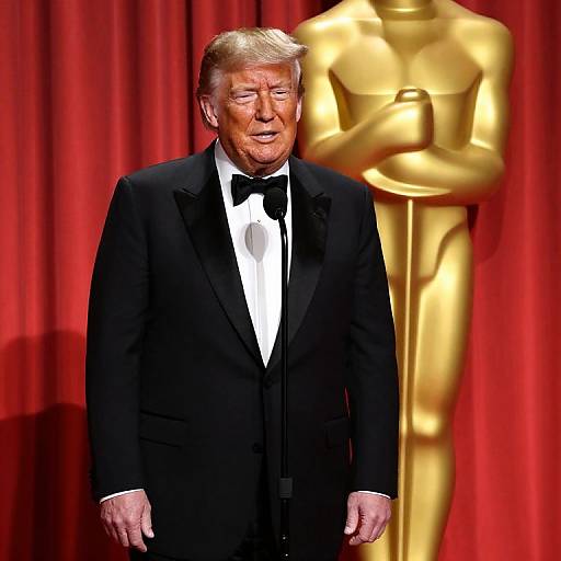 Photograph of Donald Trump in a black tuxedo with a black bow tie, standing in front of a golden Oscar statue and red curtains.