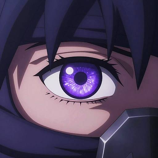 Close-up of futuristic cyber ninja purple Sharingan eye