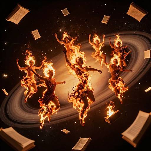 Digital artwork: Six flaming, dancing figures surrounded by a Saturn-like ring and floating papers, set against a dark, starry background.
