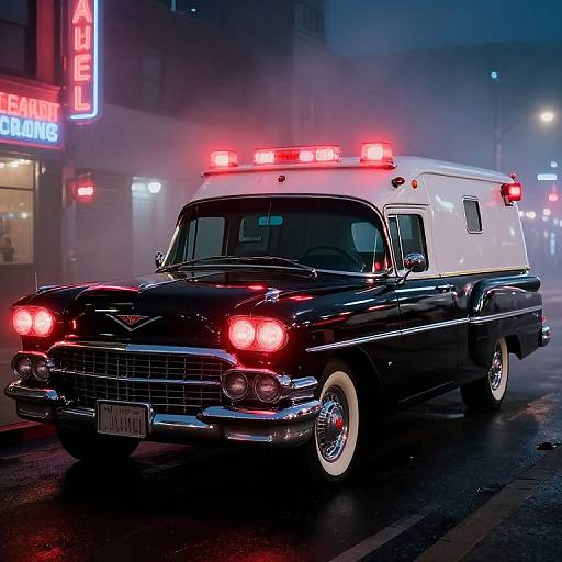 Photograph of a vintage black and white ambulance with glowing red lights, parked on a foggy, neon-lit urban street at night.