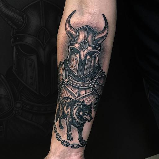 Intense Tattoo Artwork of Warrior and Wolf