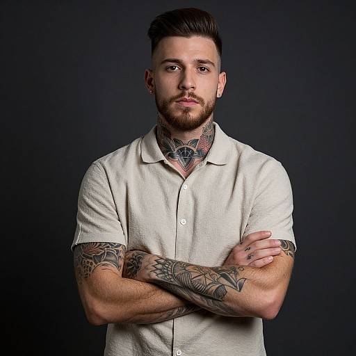 Photograph of a muscular, tattooed man with short brown hair, beard, and collared shirt, standing against a dark background with arms crossed.