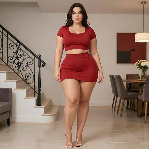 Curvy Woman in Red Outfit Indoors