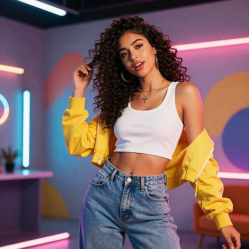 Photograph of a curly-haired woman with tan skin, wearing a white crop top, yellow jacket, and high-waisted jeans, standing confidently in