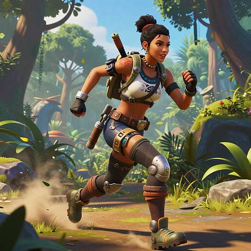 Digital art of a fierce, dark-skinned woman with a topknot, wearing tactical gear, running through a lush, sunlit jungle. She