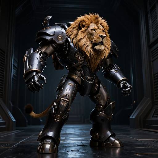 Digital artwork of a robotic lion with a golden mane, wearing sleek, black, futuristic armor, standing in a dark, metallic hallway.