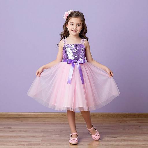 Photograph of a smiling young girl with dark hair, wearing a pink and purple sequined dress, pink tulle skirt, and matching shoes, standing