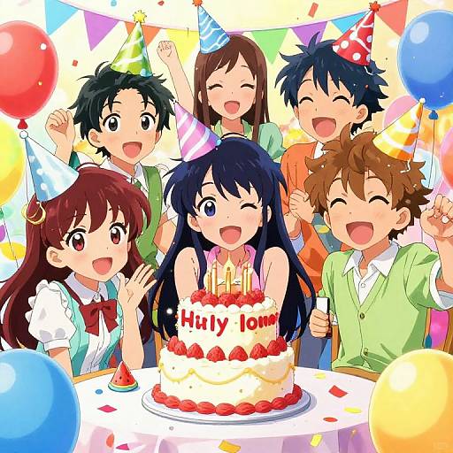 Anime-style digital illustration of six cheerful children celebrating with colorful party hats, balloons, and a birthday cake labeled 