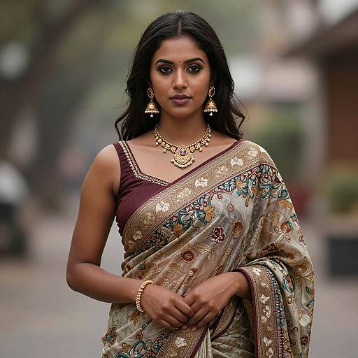 Photograph of a beautiful Indian woman with dark hair, wearing a gold and brown embroidered saree, gold jewelry, and a maroon blouse, standing