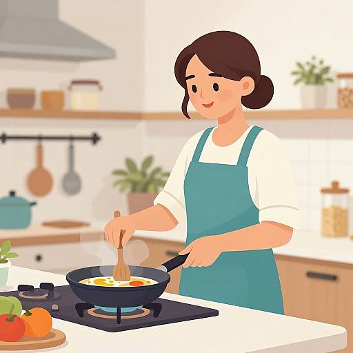 Digital illustration of a smiling Asian woman with brown hair, wearing a blue apron, cooking in a modern kitchen, stirring a pan on a stov