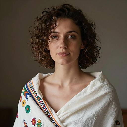 Portrait of Woman with Curly Hair and Colorful Shawl