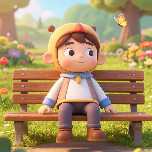 CGI image of a cute cartoon boy with brown hair, yellow hat, white shirt, blue neckerchief, brown pants, and brown shoes,