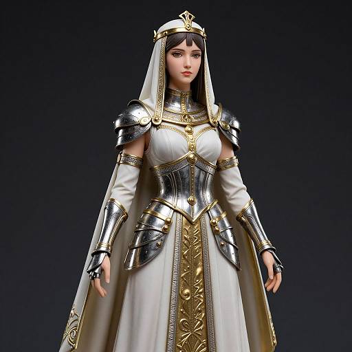 CGI image of a regal, fair-skinned woman in white and gold medieval armor with a veil, standing against a dark background.