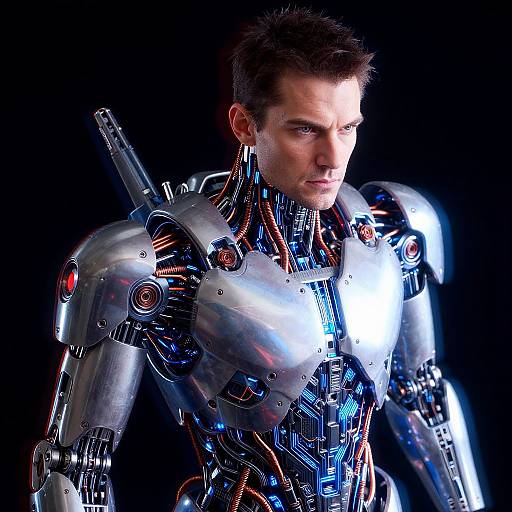 Photograph of a serious-looking man with short brown hair, wearing a futuristic, metallic, robotic suit with glowing blue and red accents, set against a