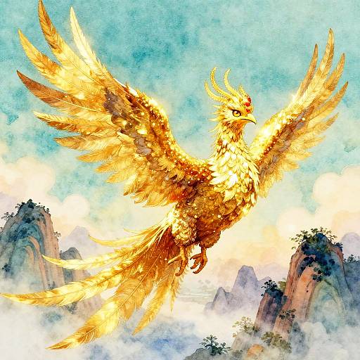 Digital watercolor of a radiant golden phoenix soaring above misty, mountainous peaks against a blue sky with soft, white clouds.