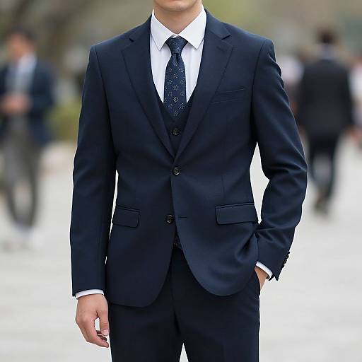 Photograph of a man in a black suit, white shirt, and patterned tie, standing outdoors with blurred background and people.