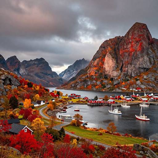 Autumn Lofoten Landscape with Fishing Boats