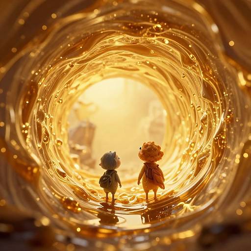 Two small, stylized dolls stand in a golden, swirling vortex with glowing light, surrounded by sparkling particles in a warm, magical scene. Digital art
