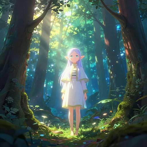 Digitally drawn anime-style elf girl with long white hair, blue eyes, and white dress, standing in a sunlit, vibrant forest.