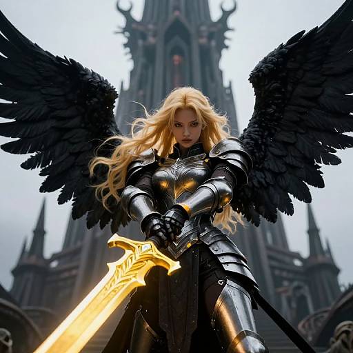 Digital artwork of a blonde angel warrior with black wings, wearing shiny black armor, holding a glowing golden sword, standing before a gothic cathedral.