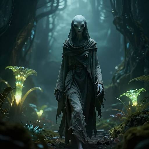 Digital artwork of a shadowy, hooded, faceless figure with glowing eyes walking through a dark, ethereal forest illuminated by bioluminescent
