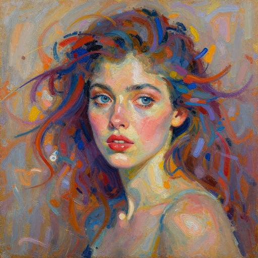 Vivid, impressionist-style digital painting of a young woman with blue eyes, red lips, and wild, multicolored hair against a textured,