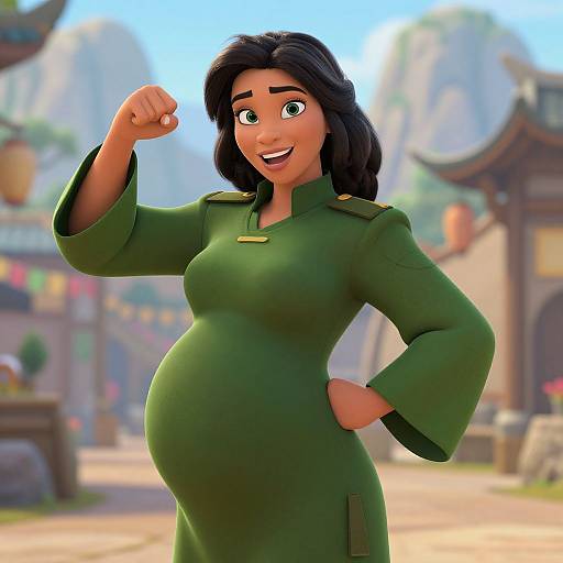 Digital art of a pregnant, smiling, dark-haired woman in a green military-style dress, flexing her right arm in a vibrant, mountain village background