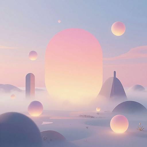 Digital art: Ethereal landscape with pastel colors, large glowing pink sun, floating pink spheres, blue sky, misty ground, and abstract structures