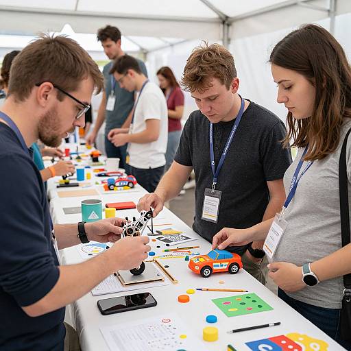 Photograph of four young adults in casual attire, wearing lanyards, examining colorful toy cars and educational materials at a table under a white tent.