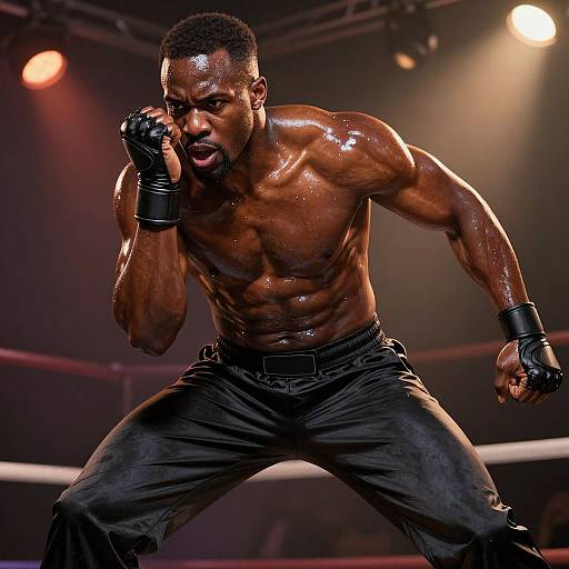 Photograph of a muscular, shirtless African-American boxer in a fighting stance, wearing black gloves and pants, under bright stage lights in a dimly