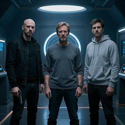 Three Men in Blue Neon Room