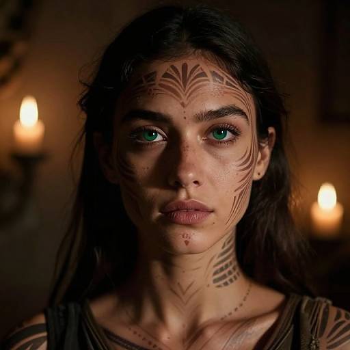 Photograph of a young woman with dark hair, green eyes, and intricate tribal face and neck tattoos, illuminated by warm candlelight.