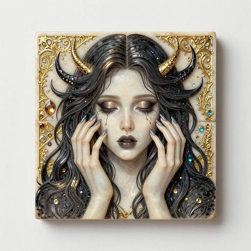Digital painting of a pale-skinned woman with long, wavy black hair and golden horns, touching her face, set against an ornate gold background