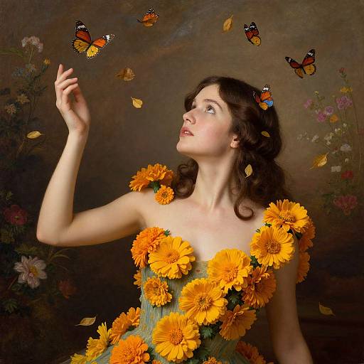 Photograph of fair-skinned woman with curly brown hair, wearing a yellow flower dress, gently touching orange butterflies against a dark floral backdrop.