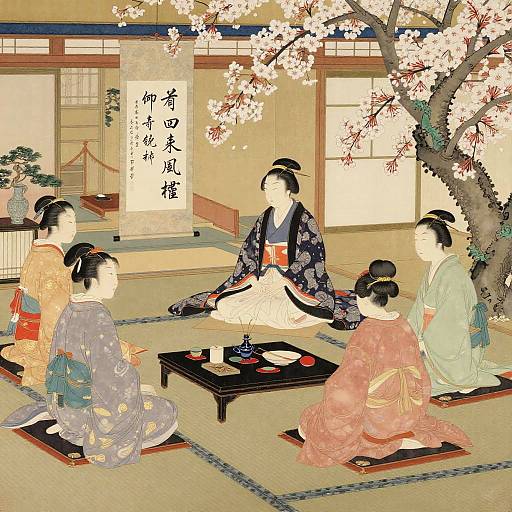 Fujiwara Court Scene in Watercolor
