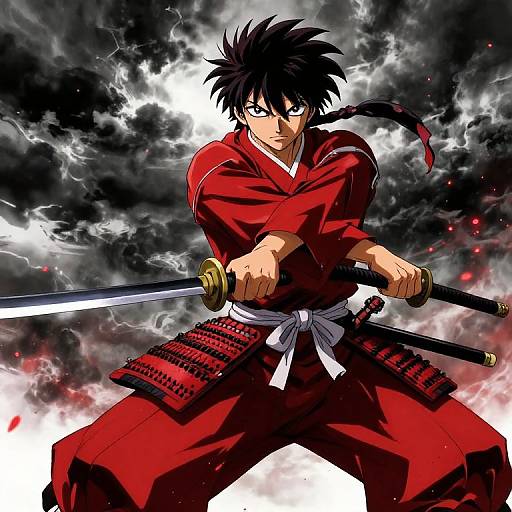 Digital anime artwork of a fierce young samurai with spiky black hair, red kimono, and white belt, wielding two katana, against a