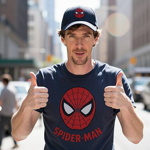 Photograph of a man with brown hair and beard, wearing a Spider-Man cap and black Spider-Man t-shirt, giving two thumbs up in a sun